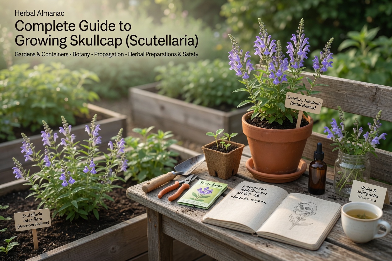 Natural-light photo of American and Baikal skullcap in a raised bed and a terracotta