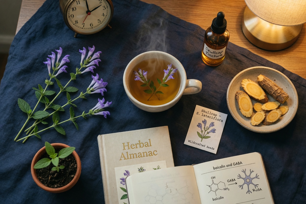 Overhead photo of a cozy bedside flat-lay: skullcap herbal tea, flowering Scutellaria lateriflora sprigs,