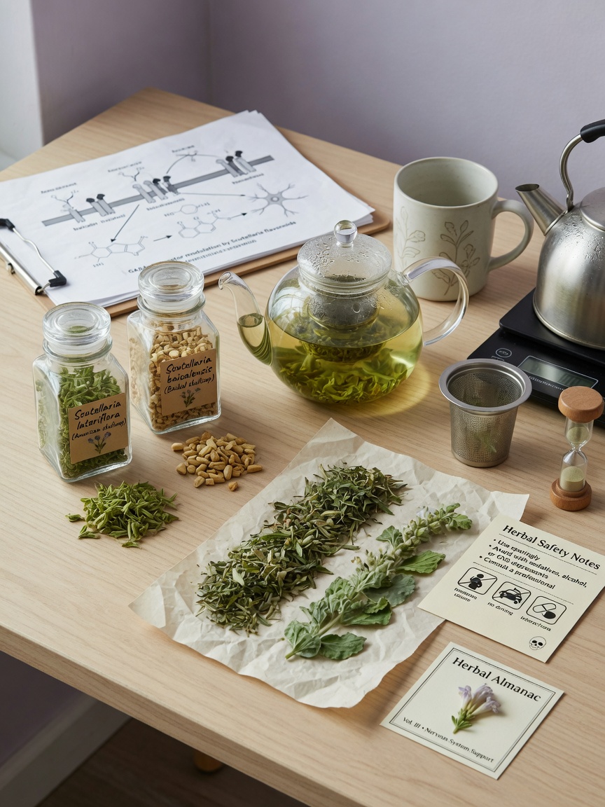 Crisp daylight still life of skullcap preparation: teapot with pale green infusion, labeled Scutellaria