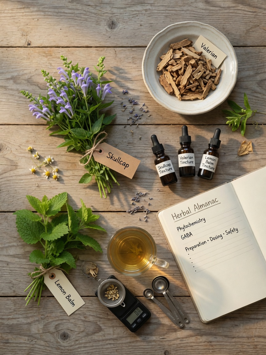 Top-down photographic still-life of skullcap, valerian root, and lemon balm with labeled tincture bottles,