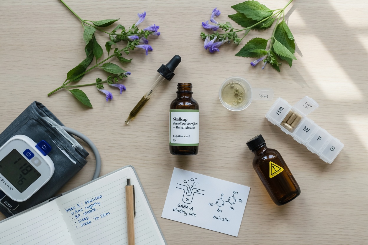 Flat-lay photo of a skullcap tincture bottle with dropper, skullcap sprigs, a night-labeled pill